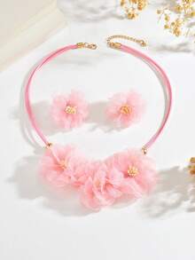 1 Set 3pcs Collar Babero y Pendientes de Flor Rosa Hechos a Mano Frescos Dulces Elegantes, Conjunto de Joyas Bohemio Vintage Moda Clásica Dopamina Collar de Clavícula Floral y Pendientes de Flor para Mujer, Adecuado para Uso Diario, Vacaciones, Fiesta, Temporada de Bodas Novia, Dama de Honor, Regalo, Festival de Música - Rosa - Ver 6