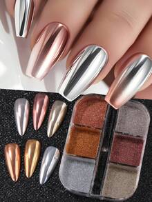 FULL BEAUTY 6格金屬感美甲粉套組，鏡面效果美甲藝術顏料，銀色、金色、香檳色、玫瑰金色全息閃粉，適用DIY節日美甲飾品裝飾 - 彩色 - 查看 1