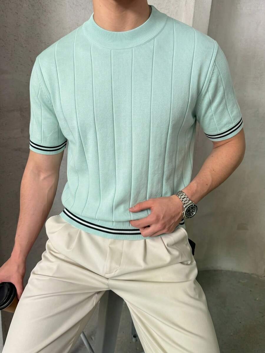 男士春夏高领短袖条纹针织衫，修身复古优雅休闲设计师针织衫