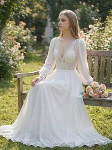 YOUKEFEIER 女款V領蕾絲拼接優雅開衩白色婚紗，適合婚禮、宴會、派對，波希米亞風 - 米色 - 查看 6