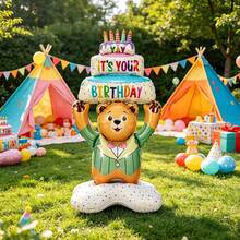 1pc 50-Inch Large Base Cake Holding Bear Aluminum Foil Balloon, Standing Bear Holding Cake, Decorative Balloon, Exquisite Holiday Gift, Holiday Decoration, Used For Creating Holiday Event Scenes - Multicolor - View 2