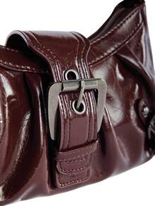 Rollcall Y2K Vintage Soft Distressed Leather Motorcycle Bag With Rivet, Buckle, Pleated Cloud Decor, Shoulder/Underarm Bag, Suitable For Work, Commute - Burgundy - View 6