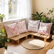 MEMNUN 4pcs Peach Grey Bohemian Butterfly Floral Heart Text Print Pattern Throw Pillow Covers [Pillow Insert Not Included] 45*45cm/50*50cm/40*40cm [Single-Sided Print] "Home Is Our Happy Place" Warm Slogan Pink Romantic Floral Cushion Covers Room Decor, Home Decor, Bedroom Decor, Room Decoration Stuff For Sofa, Bed, Living Room, Bedroom, Car, Office, Hotel Decoration Throw Pillow Covers All Seasons Suitable Perfect Gift For Family And Friends - Multicolor - View 9