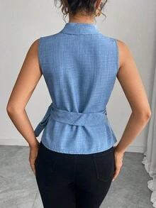 Plain Sleeveless Vest With Drawstring Summer 2026 - 藍色 - 查看 8