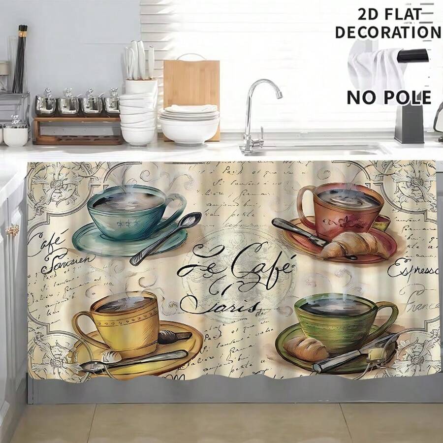 1pc, Home Decor, Coffee Theme Pattern Printed Table Skirt, Kitchen Small Curtain, Kitchen Cabinet Cover, With Curtain Holes, Easy To Hang, Rectangular, Machine Woven, Machine Washable, Kitchen Decoration And Accessories, Perfect For Kitchen Cabinets And Home Decor - Multicolor - View 1