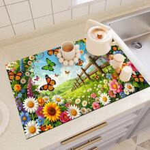 1pc Dish Drying Mat, Coffee Machine Mat, Pastoral Wooden Fence Floral Butterfly Print, Durable, Excellent Water Absorption, Suitable For Dining Table, Cafe And Other Scenes, Create Natural Fresh Atmosphere, Multipurpose Drainage Mat, Home Gift, Tabletop Decor - XYLSD-469 - View 6