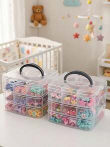 1pc PP Material Baby Hair Accessory Storage Box With Lid And Handle, Transparent Jewelry Box With Compartments, Suitable For Storage And Decoration In Baby Girl's Room - Multicolor - View 1