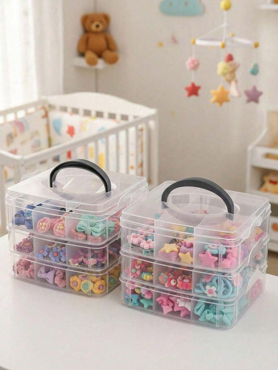 1pc PP Material Baby Hair Accessory Storage Box With Lid And Handle, Transparent Jewelry Box With Compartments, Suitable For Storage And Decoration In Baby Girl's Room - Multicolor - View 1