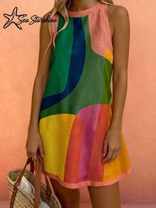 Sea Starshine Spring/Summer New Arrival: Bohemian Style, Dopamine Bright Color Blocking, Geometric Print, Sleeveless, Round Neck Dress Elegant - Multicolor - View 5