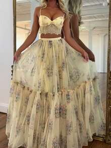 Lightweight Printed Chiffon Set With Elegant Laces, Very Popular Style - 杏色 - 查看 1