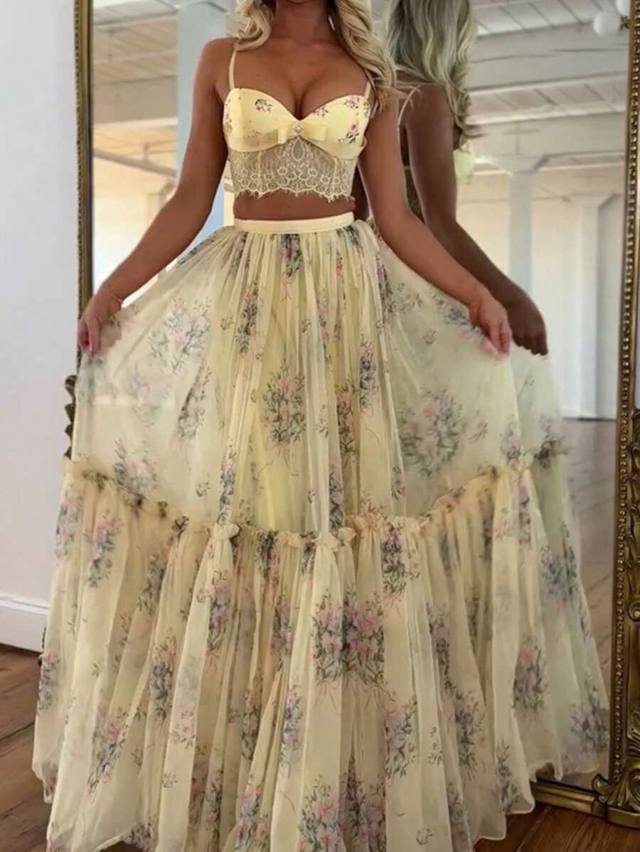 Lightweight Printed Chiffon Set With Elegant Laces, Very Popular Style - 杏色 - 查看 1