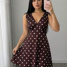 jianchaimaoyi02 Vionelle Vestido de lunares con lazo en los hombros, elegante y minimalista, talla grande para mujer - Marrón - Ver 5