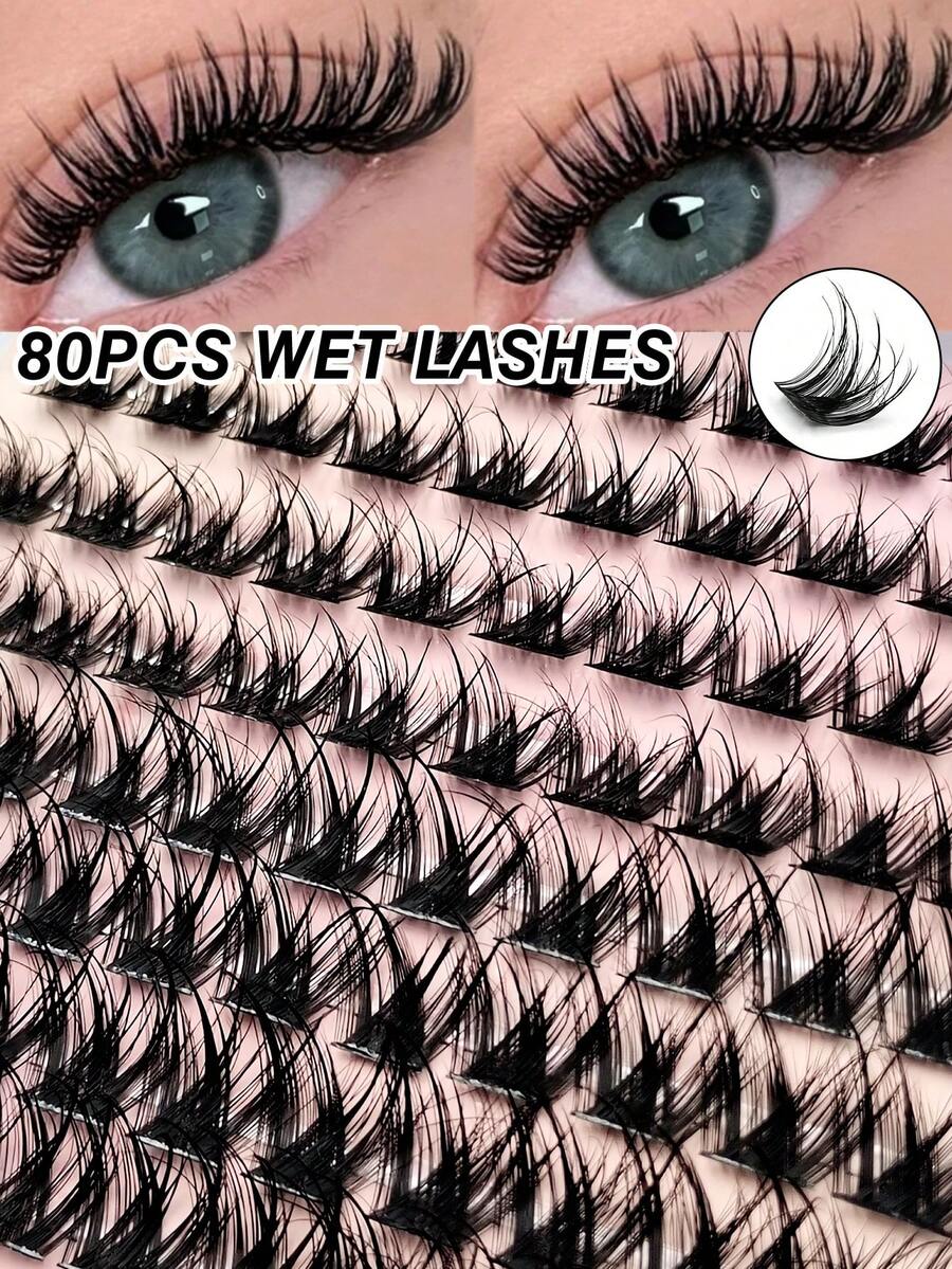 Rikuaild 80pcs D Curl Wet Look Faux Mink DIY Eyelash Clusters, Soft Dense Fluffy, Wet Makeup Effect, Reusable, Suitable For Daily Eye Makeup, Beginner Friendly - D - View 1