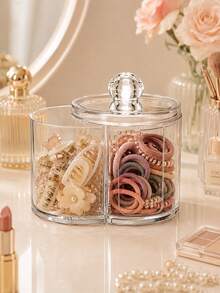 2-In-1 Cotton Swab And Cotton Pad Storage Box, Bathroom Vanity Storage Box, Hair Tie And Hair Clip Storage Jar, Minimalist Acrylic Beauty Storage Box, Dustproof Cosmetic Storage Container, Desktop Organizer. - Multicolor - View 3