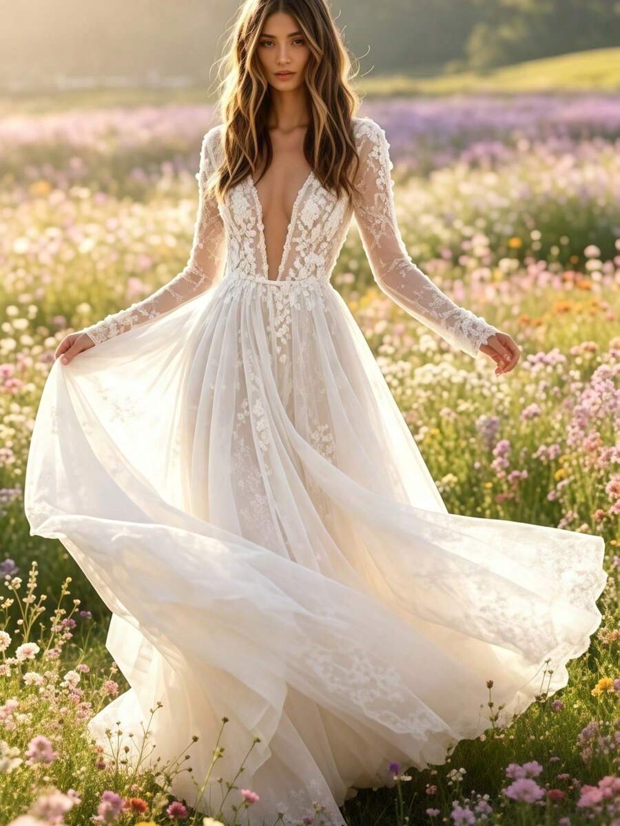 Romantic Lace Maxi Dress For Women 2026 Long Sleeve Sexy V Neck Beach Vacation Resort Party Dinner Gown - 白色 - 查看 1