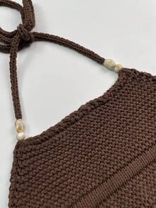 Women's Sleeveless Halter Knitwear Top With Lace-Up Detail Perfect Regular Length Crop Tank For Summer Outfits - Coffee Brown - View 6