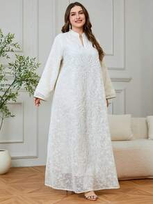 優雅女款節慶新款長版大尺碼卡夫坦長袍 V 領刺繡下擺拼接重工串珠貼花 Jalabiya 連身裙 秋季 - 杏色 - 查看 5