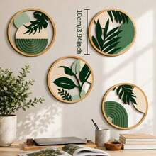 1/4pcs Bohemian Style Wooden Round Wall Pediments, Tropical Plant Leaves & Abstract Geometric Patterns Mix, Monstera Leaf Cutout Powder Green Design, Living Room Bedroom Home Decor, Wall Art Decor, Personalized Gift - Multicolor - View 3