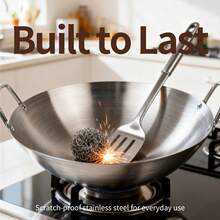 Wok profesional de acero inoxidable con fondo redondo y doble asa, adecuado para uso doméstico en comedor y cocina - Wok de doble asa - Ver 10