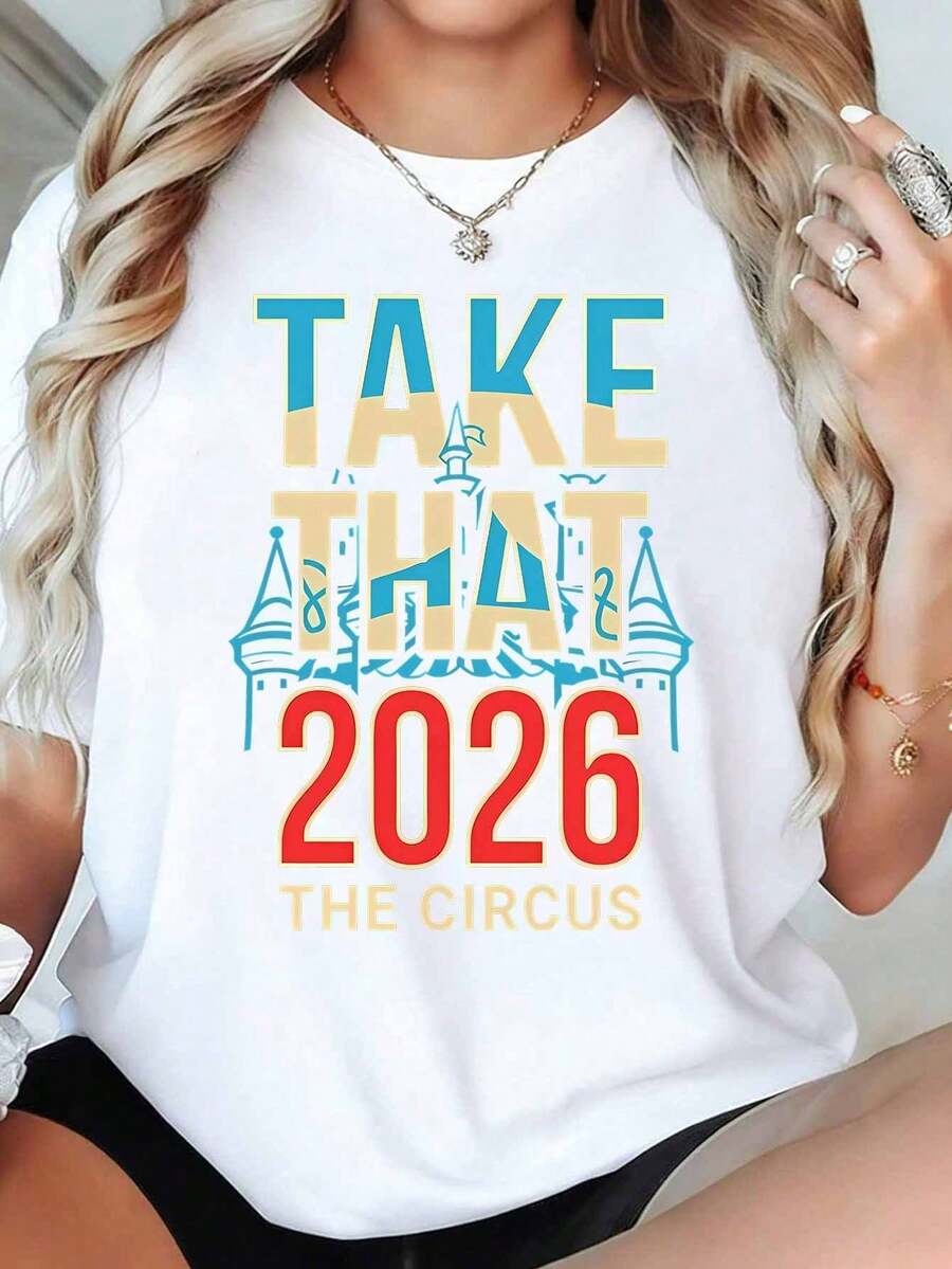 Camiseta de Mujer Take That The Circus 2026 Tour, Top Casual de Manga Corta con Cuello Redondo, Cómoda y Suave de Algodón Puro, Estilo para Todas las Temporadas, Imprescindible para los Fans - Negro - Ver 1