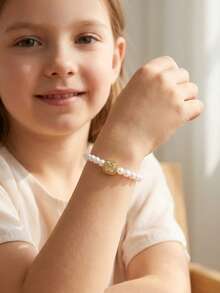 1pc Pure Tender Faux Pearl Beaded Bracelet Square Rhinestone Bow Charm For Girls Dreamy Accessories For Family Dinner And Ballet Dance Class - White - View 13