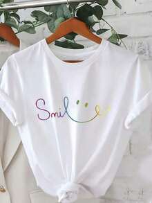 1 PcsPlus Size Women Colorful Ile Print Round Neck Short Sleeve Casual T-Shirt Big Women Size L-3XL 4XL 5XL180g Cotton 100% - 白色 - 查看 1