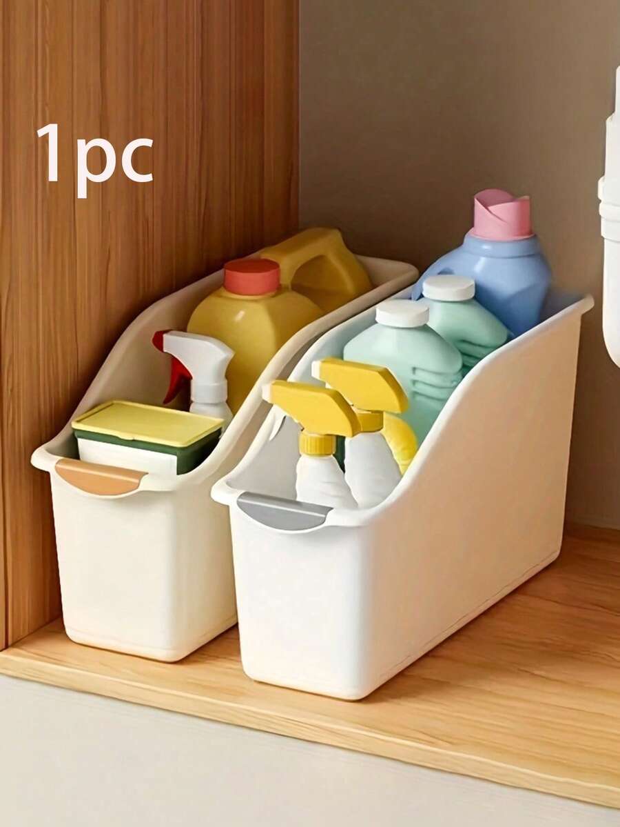 1 pièce Boîtes de rangement au design incurvé en plastique robuste, organisateur, conteneur gain de place pour sous l'évier, le garde-manger & l'organisation des armoires, convient pour les fournitures de nettoyage, les articles ménagers essentiels & le rangement de la cuisine/salle de bain, l'organisation du garde-manger - Multicolore - Voir 1