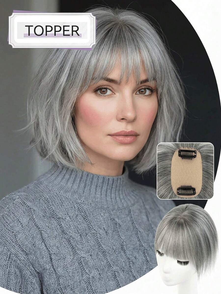 Women's Short Bob Hair Topper Piece, Suitable For Thin Hair, Side Part With Bangs, Covers Gray Hair, Straight Hair, Increases Hair Volume - Multicolor - View 1