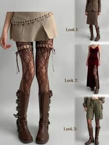 Women's Bow Tie Lace-Up Fishnet Sheer Sexy Thigh High Stockings - Coffee Brown - View 1