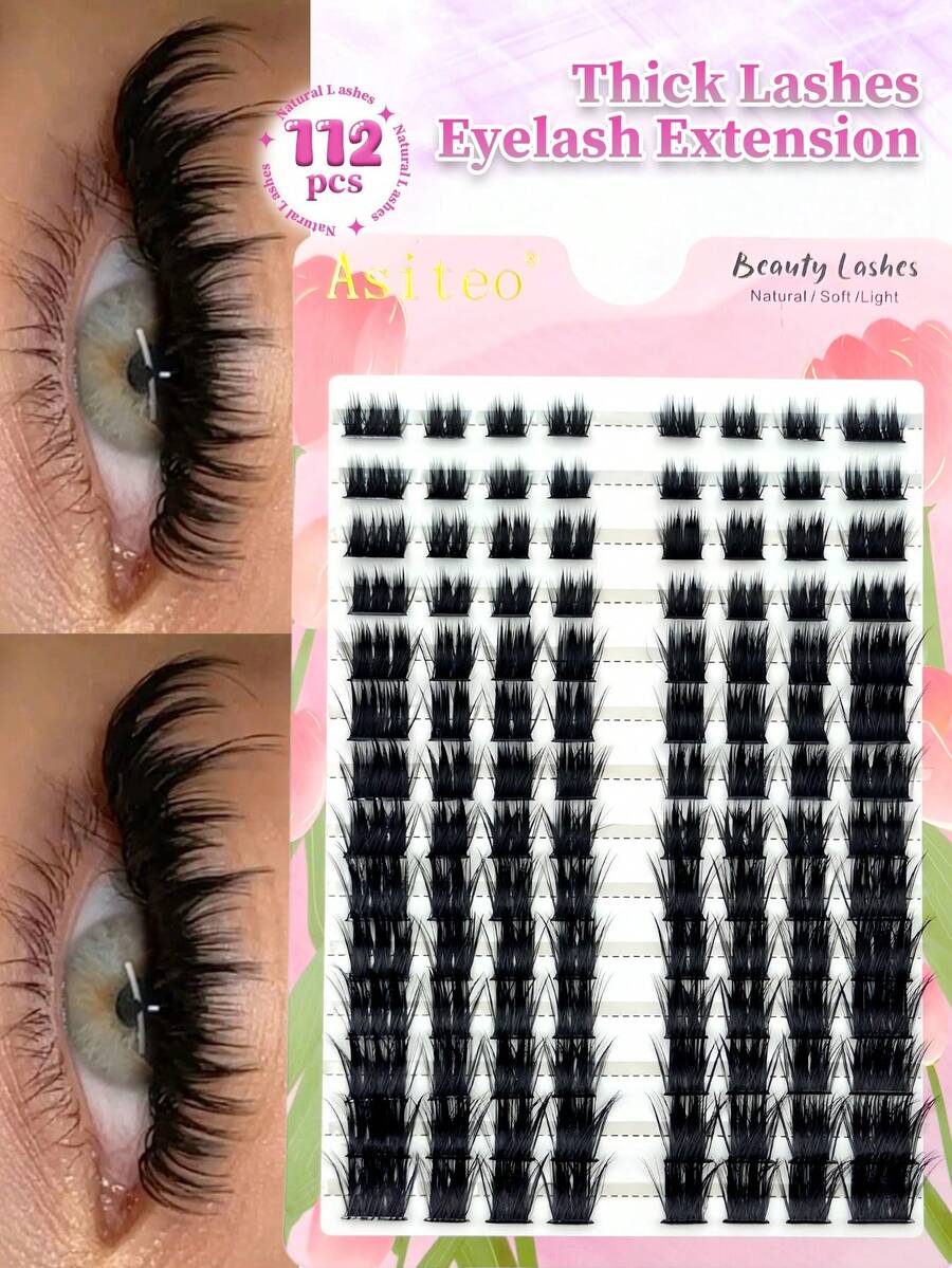 Asiteo 112pcs Thick Anime False Eyelashes, Left And Right Eye, D Curl, Dense And Fluffy - 3D Shiny Charming Eyes, European And American Cat Eye Style Eyelash Extensions, Soft And Comfortable - DIY Easy To Wear - D - View 1