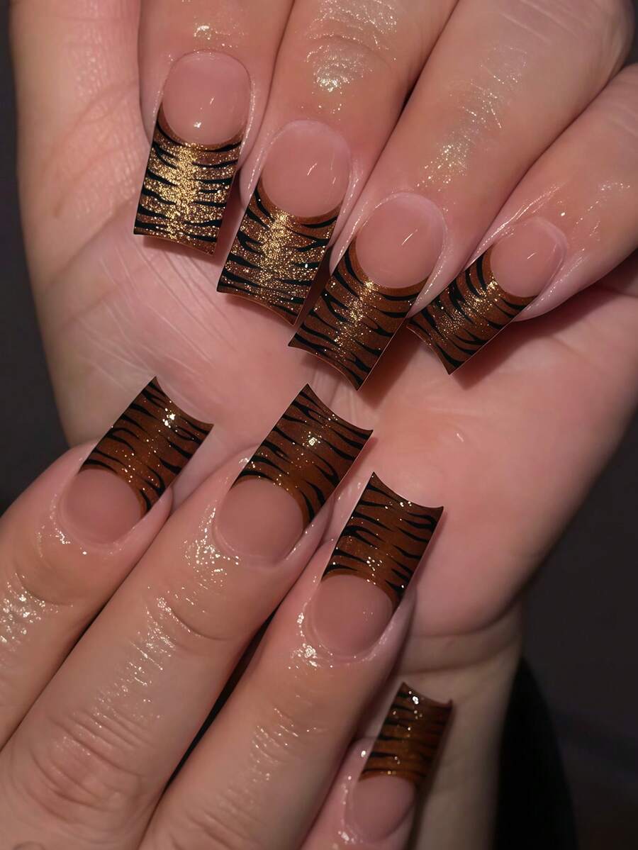 煥新整體造型!24片長方形時尚酷黑斑馬紋壓接式假指甲,Y2K辣妹風閃亮金亮片法式豹紋設計,含1片果凍膠與1個指甲銼條(果凍膠隨機發貨),適合女性與女孩日常、旅行、度假、派對等使用 - 彩色 - 查看 1