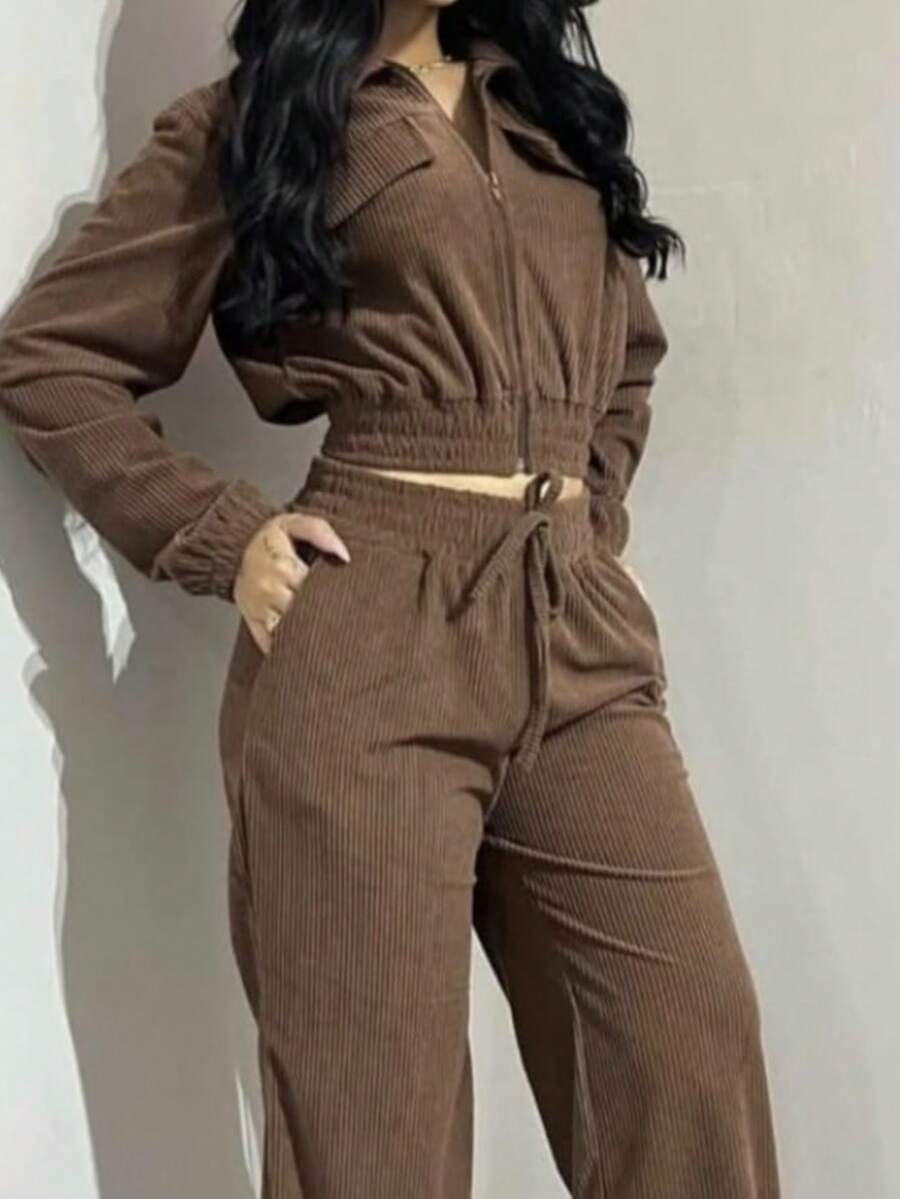 Women's Velvet Pants And Jacket Set - Rust Brown - View 1