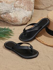 1 Pair Kids Flip Flops, Solid Color Soft PU Woven Strap, Round Toe Toe-Post Flat Bottom Non-Slip Slip-On Design, Fashion Minimalist Vacation Style Beach Sandals, Suitable For Boys And Girls Daily Casual Beach Holiday Party, New Mixed Style - Black - View 6