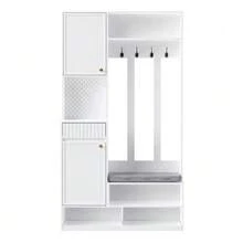 Wardrobe Set, Complete Hallway Wardrobe Set With Bench, 4 Hooks, Doors & Drawers, Compact Dimensions 100*180*35 Cm (W*H*D) - White - View 12