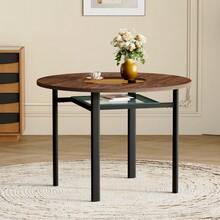 Modern And Minimalist Round Dining Table, 100 Cm In Diameter, Black Veined Wood Top, Suitable For 2-4 People (With Grey Glass Insert And Metal Stability Frame). - Brown - View 4