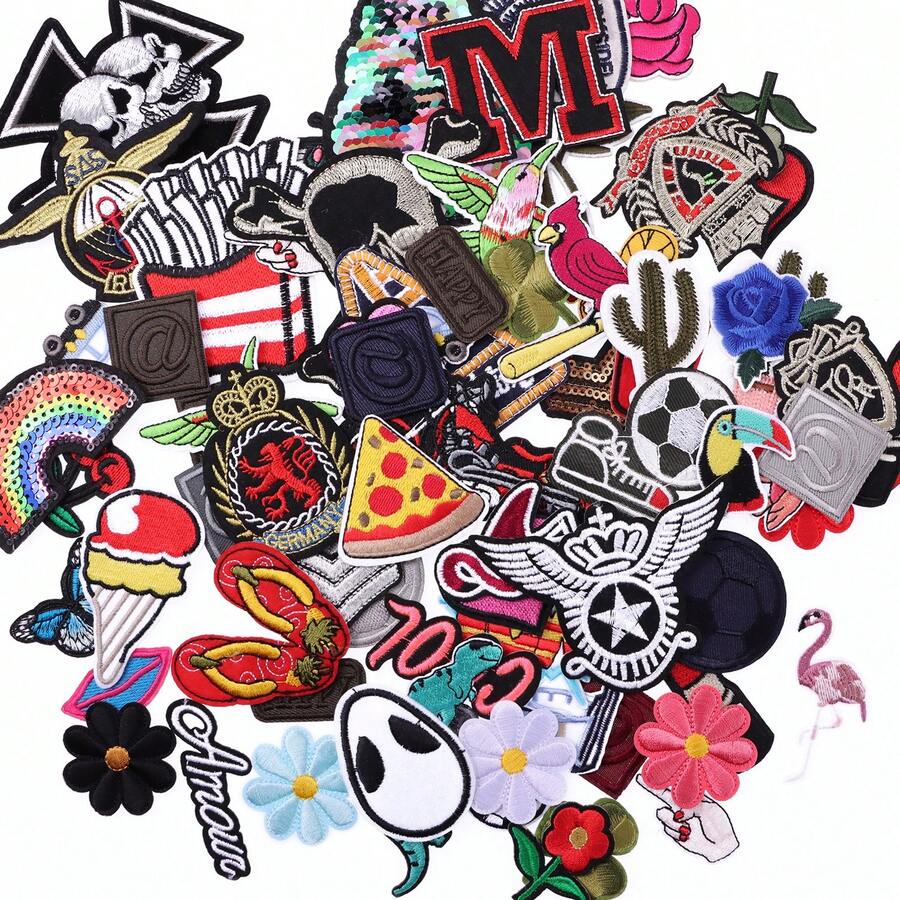 70/50/20pcs Random Embroidered Iron-On Patches, Suitable For DIY Clothing And Accessories - Hats, Jeans, Dresses Etc. With Unique Designs, Cute Cartoon Embroidered Appliques (Assorted Sizes) - Multicolor - View 1