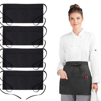 4 pezzi Grembiule da bistrot nero con 3 tasche, molto pratico e regolabile, adatto per molteplici occasioni, grembiule da cameriere da bistrot