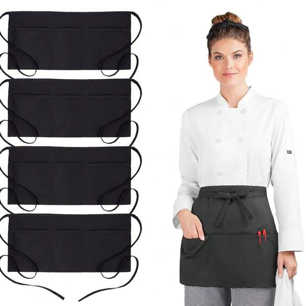 4pcs Black 3-Pocket Bistro Apron, Very Practical Adjustable, Suitable For Multiple Occasions, Bistro Server Apron