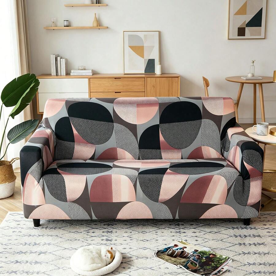 1 pieza Funda de sofá elástica con patrón geométrico de cobertura completa con 1 pieza funda de almohada, tela de poliéster moderna, lavable a máquina, para todas las estaciones
