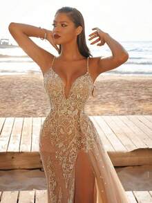 Elegant And Sexy Summer New European And American Women's Clothing Sexy Suspender Dress Sleeveless V-Neck Split Lace Hollow, Long Dress - 金色 - 查看 1