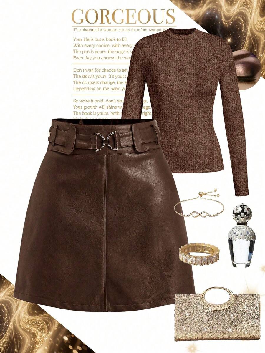 Women's High-Waisted A-Line Skirt With Decorative Buttons - 棕色 - 查看 1