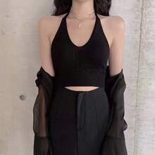 Summer New Short Sleeveless Knit Halter Camisole Top Sexy Outerwear Layering - Black - View 10
