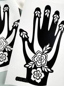 2pcs Palm Tattoo Stencil Set, Hollow Palm Tattoo Stencils, Symmetrical Floral Geometric DIY Painting Templates, Universal For Left And Right Hand Back And Finger Decoration - Black - View 8