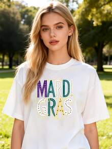 Women's Pure Cotton Short Sleeve T-Shirt Casual Oversized Mardi Gras Printed Graphic Tee Loose Fit Summer Top - White - View 6