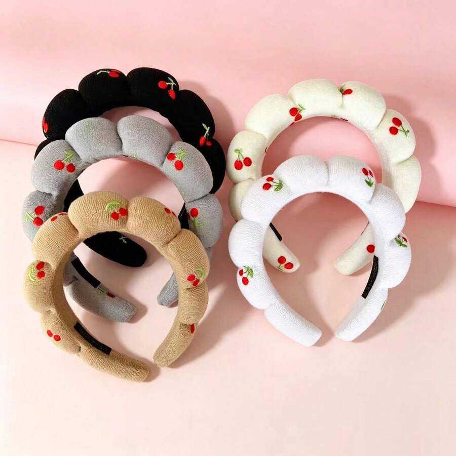 Sweet Cherry Embroidery Puff Cloud Headband, Soft Non-Slip Sponge Headband For Girls' Daily Wear And Skincare - Multicolor - View 1