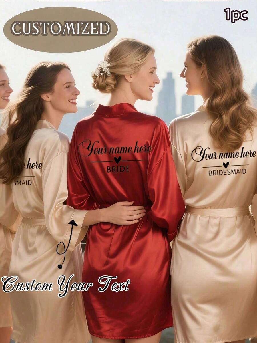 Personalized Satin Bridal Robe Half Sleeves, Lace Trim Custom Name Robe, Bride Bridesmaid Matching Robes, Wedding Party Getting Ready Robe, Silky Loungewear For Bridal Shower Gift