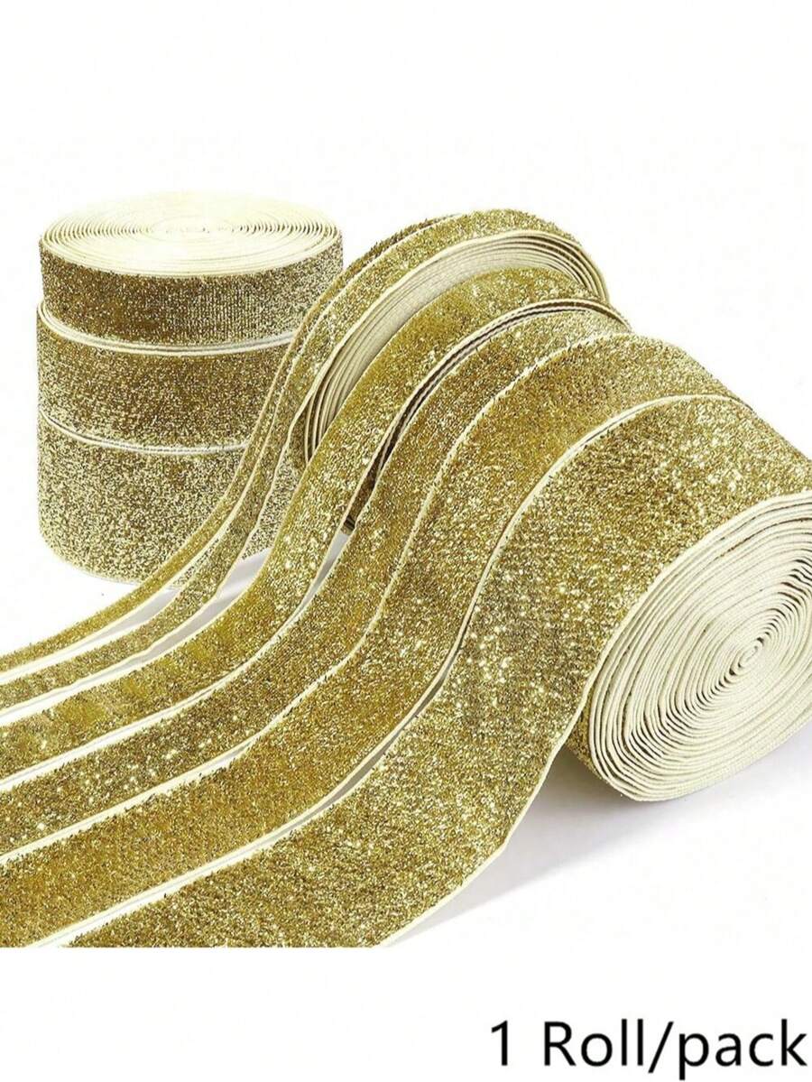 7-38mm 1 捲金色亮片天鵝絨緞帶，適用於聖誕禮物包裝、節日裝飾、彩色洋蔥天鵝絨亮片織帶