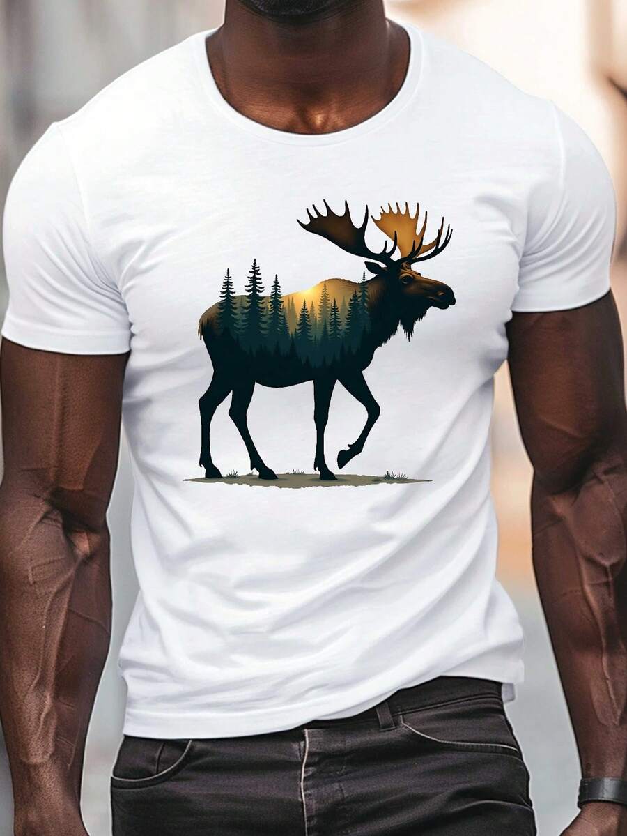 Camiseta de manga corta con cuello redondo para hombre, estampado de bosque con silueta de alce, estilo veraniego, talla. - Blanco - Ver 1