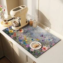 1pc Dish Drying Mat, Coffee Machine Mat, Watercolor Floral & Butterfly Nature Pattern Absorbent Mat, Durable, Excellent Water Absorption, Suitable For Dining Table, Cafe And Other Scenes, Adds Natural Fresh Style To Tabletop, Multi-Purpose Drainage Mat, Home Gift, Tabletop Decor - XYLSD-467 - View 3