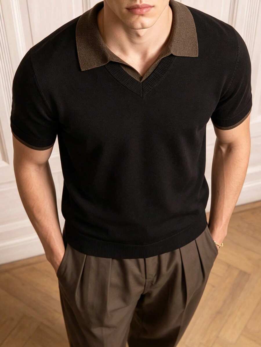Men's Summer Black Contrast Collar Knit POLO Shirt, Luxury Wool Blend Fabric, Breathable, Old Money Style, Suitable For Gentleman Gatherings And Daily Casual Wear - Black - View 1